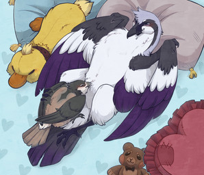 ambiguous/ambiguous ambiguous_gender avian_feet beak_in_cloaca blush brown_body claws collar duo eyes_closed feathers feral holding_another holding_with_foot pillow plushie size_difference tail tail_feathers white_body wing_claws wings h_havik birdie_(canadabirdie) birdpathy avian bird black-capped_chickadee chickadee great_grey_shrike oscine passerine tit_(bird) absurd_res hi_res