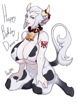 animal_print bell bell_collar big_breasts breasts collar cow_print cowbell female hair happy_birthday hooves horn huge_breasts kneeling pale_skin smile smiling_at_viewer solo tattoo white_hair white_horn year lilirulu final_fantasy final_fantasy_xiv final_fantasy_xiv_(legacy) square_enix merlwyb_bloefhiswyn animal_humanoid bovid bovid_humanoid bovine bovine_humanoid cattle_humanoid humanoid mammal mammal_humanoid 2014 3:4