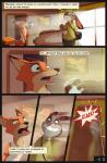 2019 5_fingers absurd_res canid canine clothed clothing comic detailed_background digital_media_(artwork) disney drinking duo english_text female fingers fox green_eyes hi_res judy_hopps lagomorph leporid male mammal mechagen nick_wilde open_mouth perfume rabbit red_fox shirt tank_top teeth text tongue topwear true_fox zootopia