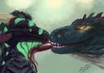 anthro black_body black_scales duo eyes_closed feral french_kissing green_body green_eyes green_scales hair horn kissing licking long_tongue male male/male mane multicolored_body multicolored_scales scales simple_background smile spikes stripes teeth tongue tongue_out two_tone_body two_tone_scales white_body white_scales yellow_eyes scritt mythology scritt_(character) dragon mythological_creature mythological_scalie scalie 2015 bust_portrait detailed digital_media_(artwork) hi_res portrait