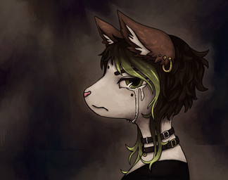 adolescent alternative_fashion ambiguous_gender anthro bangs black_clothing black_shirt black_topwear bloodshot_eyes bodily_fluids brown_background brown_ears brown_hair clothed clothed_anthro clothing collar crying ear_piercing forehead_mark fully_clothed fully_clothed_anthro goth green_eyes green_hair green_highlights hair highlights_(coloring) inner_ear_fluff looking_at_viewer markings mole_(marking) piercing pink_nose pointy_ears shirt simple_background solo tears tears_on_cheek topwear tuft young batpupbourbon canid canine canis domestic_dog mammal 2025 digital_media_(artwork) hi_res portrait shaded nonbinary_(lore) young_(lore)