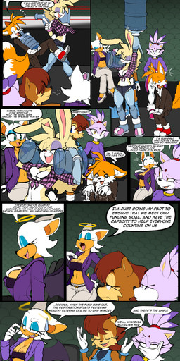 2_tails 5_fingers anthro areola areola_slip bag bikini bikini_top black_nose blue_eyeshadow bodily_fluids bottomwear bra bracelet breasts brown_body brown_fur brown_hair cleavage clothed clothed_female clothed_male clothing cybernetic_leg cybernetic_limb cybernetics daisy_dukes denim denim_bottomwear denim_clothing denim_shorts dialogue dipstick_tail electronics eyeshadow female fingers footwear forehead_gem fur gem gloves group gym_bag hair halo handwear high_heels hotpants jewelry machine makeup male markings multi_tail multicolored_body multicolored_fur navel necklace one_eye_closed pants pink_nose purple_body purple_fur shirt shoes short_tail shorts sitting smile speech_bubble stadium suit_jacket surprised sweat sweatdrop swimwear tail tail_markings tank_top text tied_shirt topwear tube_top two-piece_swimsuit two_tone_body two_tone_fur underwear wink yellow_body yellow_eyes yellow_fur anonymous_artist himitsu justtaylor sega sonic_the_hedgehog_(series) blaze_the_cat bunnie_rabbot miles_prower rouge_the_bat sally_acorn bat canid canine chipmunk cyborg felid feline fox ground_squirrel lagomorph leporid mammal rabbit rodent sciurid 2025 absurd_res comic english_text hi_res