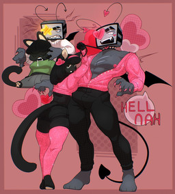 andromorph anthro black_nose bulge clothed clothing collar detailed_bulge duo electronics erection erection_under_clothing female for_a_head genital_outline heart_nipples heart_symbol intersex leash leash_pull male nipples paws penis_outline scar screen screen_face tail teeth television wings iceymcflurry cobalt(iceymc) domestic_cat felid feline felis humanoid mammal object_head screen_head tv_head digital_media_(artwork) hi_res