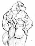 anthro back_muscles biceps big_muscles butt butt_pose fur hand_on_hip looking_at_viewer looking_back male muscular muscular_anthro muscular_male nude pecs pose scratch simple_background smile solo standing tuft white_background cold_water canid canine canis mammal wolf 2017 absurd_res black_and_white graphite_(artwork) hi_res monochrome pencil_(artwork) portrait three-quarter_portrait traditional_media_(artwork)