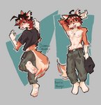 ahoge anthro bottomwear cargo_pants clothed clothing clothing_lift dakimakura dog_tags ear_piercing facial_markings hair head_markings hip_tuft male markings nipples pants paws piercing shirt shirt_lift solo topless topless_anthro topless_male topwear tuft twunk danniemang phong_(danniemang) canid canine fox mammal absurd_res dakimakura_design digital_media_(artwork) hi_res