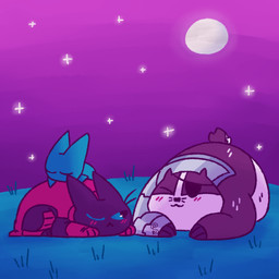 :3 anthro black_body black_fur blush cape chibi clothing cybernetics eye_patch eyewear female fur green_eyes group machine male moon red_clothing sleeping shapeshiftinterest cartoon_network mao_mao:_heroes_of_pure_heart adorabat badgerclops sheriff_mao_mao_mao badger bat cyborg domestic_cat felid feline felis mammal mustelid musteline 1:1 hi_res