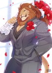 accessory anthro bouquet boutonniere bow_(feature) bow_ribbon clothing countershading flower flower_bouquet flower_ornament hair hand_in_pocket holding_bouquet holding_flower holding_object male mane muscular muscular_male petals plant pockets ponytail rose_(flower) shirt smile solo suit topwear unbuttoned_shirt vest giraffe_(artist) lion-san felid lion mammal pantherine hi_res