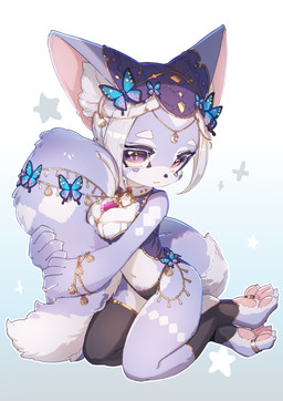 anthro big_breasts big_ears black_clothing black_nose breasts butterfly_(accessory) claws cleavage clothed clothing digit_ring eyebrows feet female fluffy fluffy_tail fur fur_markings gold_(metal) gold_jewelry gradient_background hair head_turned headdress holding_tail inner_ear_fluff jewelry kneeling kneeling_on_ground legwear leotard lingerie looking_at_viewer markings multicolored_body multicolored_fur navel pawpads potion_bottle purple_body purple_clothing purple_eyes purple_fur ring shirt_collar short_hair simple_background smile smiling_at_viewer solo sparkles star_symbol tail teddy_(clothing) thick_eyebrows thick_tail thigh_highs thong three-quarter_view toe_ring toes tuft two_tone_body two_tone_fur underwear white_background white_body white_fur white_hair pasta_or_rice canid canine fox mammal absurd_res full-length_portrait hi_res portrait