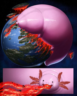 belly big_belly destruction earth_(planet) feral huge_belly macro object_vore overweight pink_body planet planet_destruction planet_vore solo space sprawling_gait vore meanybeany amphibian aquatic axolotl mole_salamander salamander 2024 4:5 comic hi_res