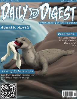 ambiguous_gender anthro anthro_prey beach black_eyes duo feral feral_pred grey_arms grey_body grey_fin grey_tail head_first oral_vore qr_code rock tail text vore whiskers white_arms white_tail katzenoms aquatic mammal pinniped seal sergal 2026 cover english_text hi_res magazine_cover