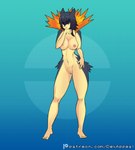 anthro anthrofied black_body black_fur black_hair blue_background breasts dex_appeal feet female fire front_view fur generation_2_pokemon genitals hair hand_on_hip hi_res mammal nintendo nipples nude pokemon pokemon_(species) pokemorph pubes pussy simple_background smile solo tan_body tan_fur typhlosion