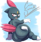 anthro big_breasts big_butt black_body breasts butt butt_slap female forehead_gem gem huge_butt looking_at_viewer open_mouth red_eyes red_feather short_stack slap slapping_own_butt slapping_self solo cross_samax nintendo pokemon generation_2_pokemon pokemon_(species) sneasel absurd_res hi_res signature