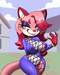 anthro areola areola_slip big_breasts birthmark breasts choker clothing ear_piercing ear_ring eyeshadow female fur grin jewelry makeup markings mole_(marking) necklace partially_visible_vulva piercing pink_body pink_fur ring ring_piercing smile solo string_jumpsuit tail yellow_eyes furball meme_clothing sega sonic_the_hedgehog_(series) berry_cougar cougar felid feline mammal 2023 4:5 hi_res meme