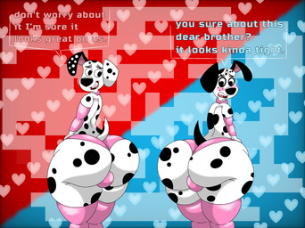 anthro big_butt black_ears black_nose black_spots blush butt clothing duo femboy floppy_ears footwear freckled_face freckles fur heterochromatic_ears huge_butt lingerie male panties pink_clothing pink_footwear pink_inner_ear pink_lingerie pink_socks socks spots text thick_thighs underwear white_body white_fur white_spots mgdire671 101_dalmatian_street 101_dalmatians disney dawkins_(101_dalmatians) dylan_(101_dalmatians) canid canine canis dalmatian domestic_dog mammal english_text hi_res