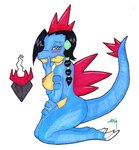 3_toes after_transformation alligatorid alternate_species anthro aroused aroused_face aroused_smile barefoot bedroom_eyes belly_scales big_breasts black_hair blue_body blue_scales blush braided_hair breasts candice_(pokemon) claws crocodilian darkrai emblem enjoying erect_nipples eyelashes fangs feet female feraligatr finger_claws fingers generation_2_pokemon generation_4_pokemon gym_leader hair holding_mouth huge_breasts humanoid_hands ivanks kneeling legendary_pokemon long_hair long_tail looking_at_viewer lust_transformation narrowed_eyes nintendo nipples non-mammal_breasts non-mammal_nipples nude pokemon pokemon_(species) red_head_scales reptile scales scalie seductive short_hair side_view simple_background sitting smile snout solo species_transformation spiked_back spiked_tail spikes spikes_(anatomy) tail tan_body teeth toe_claws toes transformation transformation_through_magic white_background yellow_eyes