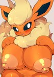 anthro areola big_breasts blush breasts female fur huge_breasts looking_at_viewer nipples nude orange_body simple_background smile solo tan_areola tan_nipples nekoyuu nintendo pokemon eeveelution flareon generation_1_pokemon mammal pokemon_(species) hi_res