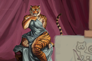 anthro black_stripes blue_eyes canvas chair cheek_tuft clothing drapery_(clothing) facial_tuft female fur furniture hand_behind_back holding_clothing holding_object humor kneeling_on_chair markings muscular muscular_female on_chair orange_body orange_fur paint pink_nose pose posing_for_picture red_curtains sitting sitting_on_leg solo striped_markings striped_tail stripes tail tail_markings thick_thighs tiger_tail tuft white_body white_fur wood wood_chair wood_furniture zarzaliel felid mammal pantherine tiger absurd_res hi_res sketch