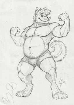 anthro belly big_belly bottomwear bulge cheek_tuft claws closed_smile clothed clothing duo facial_tuft front_view hair male male_anthro mouth_closed muscular muscular_anthro muscular_male navel overweight overweight_anthro overweight_male pecs pubes short_hair simple_background smile solo_focus speech_bubble standing tail toe_claws topless tuft underwear hufnaar canid canine mammal 2019 dated full-length_portrait hi_res monochrome portrait sketch