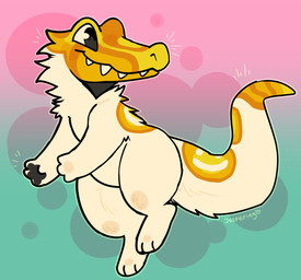 ambiguous_gender anthro black_eyes black_pawpads chibi fangs fur looking_aside markings neck_tuft pawpads paws simple_background snout solo spots spotted_body spotted_fur spotted_markings tail tapering_tail teeth tuft white_body white_fur yellow_body yellow_fur yellow_markings jaspering crocodilian furred_scalie reptile scalie 2026 digital_drawing_(artwork) digital_media_(artwork) hi_res signature
