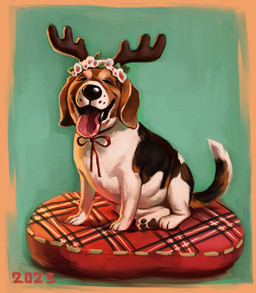 anatomically_inaccurate anatomically_inaccurate_pawpads antler_headband black_body black_fur black_nose brown_body brown_fur eyes_closed feral flower fur multicolored_body multicolored_fur on_cushion overweight plant quadruped simple_background sitting solo teal_background tongue tongue_out white_body white_fur alexpahomov beagle canid canine canis domestic_dog hunting_dog mammal scent_hound 2023 digital_media_(artwork) digital_painting_(artwork) hi_res painting_(artwork)