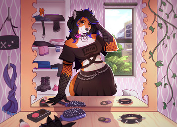 anthro boots brush choker clothing ear_piercing ear_ring female fishnet_clothing fishnet_gloves fishnet_handwear footwear gloves hairbrush handwear highlights_(coloring) jewelry mirror necklace piercing ring_piercing scarf shoes solo window galinn-arts nine_inch_nails domi_(dominicdeerfox) canid canine fox mammal absurd_res hi_res