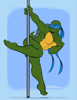 anthro blush dancing feet fingers green_body half-closed_eyes looking_at_viewer male mask narrowed_eyes pole pole_dancing shell simple_background solo spread_legs spreading tail toes relatedturtles teenage_mutant_ninja_turtles leonardo_(tmnt) reptile scalie turtle digital_media_(artwork) hi_res