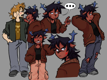 anthro antlers black_nose blonde_hair blue_antlers blush bodily_fluids bottomwear brown_body brown_clothing brown_jacket brown_skin brown_topwear clothing denim denim_bottomwear denim_clothing duo ellipsis footwear freckles frown fur green_clothing green_jacket green_topwear grey_background grey_bottomwear grey_clothing grey_footwear grey_pants grey_shoes grey_sneakers hair half-closed_eyes hands_behind_head horn jacket jeans male male/male narrowed_eyes pants piercing scowl shoes simple_background sneakers speech_bubble standing sweat sweatdrop tear_trough topwear torn_bottomwear torn_clothing torn_jeans torn_pants white_body white_fur pelileli deltarune undertale undertale_(series) asriel_dreemurr dess_holiday boss_monster_(undertale) bovid caprine deer goat mammal new_world_deer reindeer hi_res