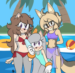 ahoge anthro big_ears bikini blush breasts brown_body cleavage clothed clothing dessert eyewear female food fur glasses grey_body grey_fur group hair ice_cream poolside smile swimming_pool swimwear trio two-piece_swimsuit yellow_body yellow_fur innotsu sega sonic_the_hedgehog_(series) fan_character inno_(innotsu) kocchi_(innotsu) tsumiki_(innotsu) eulipotyphlan felid feline hedgehog lynx mammal hi_res