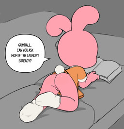 anthro book bottomless bottomless_anthro bottomless_female butt casual_exposure clothed clothing dialogue female footwear fur furniture genitals lying monotone_body monotone_fur no_underwear on_front on_sofa pink_body pink_fur reading reading_book rear_view scut_tail short_tail simple_background socks sofa solo speech_bubble tail talking_to_another text vulva white_clothing white_footwear white_socks young young_anthro young_female gaturo cartoon_network the_amazing_world_of_gumball anais_watterson lagomorph leporid mammal rabbit 2025 digital_drawing_(artwork) digital_media_(artwork) english_text full-length_portrait hi_res portrait