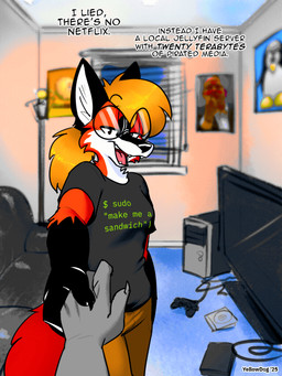 ambiguous_gender ambiguous_pov anthro anthro_pov biped black_body black_fur black_text blonde_hair claws computer controller detailed_background dialogue duo electronics eyewear female female/ambiguous finger_claws first_person_view fur furniture glasses hair hand_holding inside lamp living_room looking_at_viewer multicolored_body multicolored_fur open_mouth open_smile orange_body orange_fur round_glasses smile smiling_at_viewer sofa talking_to_viewer television text white_body white_fur window yellowdog jellyfin linux linus_torvalds tux_(linux) xenia_(linux) canid canine fox mammal red_fox true_fox 2025 3:4 absurd_res digital_media_(artwork) english_text hi_res trans_(lore) trans_woman_(lore)