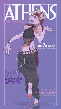 4_fingers accessory anthro antlers belt black_nails bottomwear bracelet brown_body brown_fur chain choker clothing colored_nails crop_top denim denim_bottomwear denim_clothing eyebrows fake_tail fangs fingers fishnet_clothing fur hair_accessory hairclip highlights_(coloring) hooved_toes hooves horn jeans jewelry long_ears looking_at_viewer male nails necklace open_mouth pants raised_eyebrow raised_leg scar shirt solo spots studded_belt studs tail tank_top teeth text topwear white_body white_fur white_spots selfdestructking athens_(heresvix) deer mammal absurd_res cover english_text hi_res magazine_cover