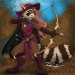 anthro arm_wraps arrow_(weapon) battle belt bottomwear bow_(weapon) brown_body brown_eyes brown_fur cape chest_tuft claws clothed clothing crescent_moon dagger feet female foot_wraps fur hair inner_ear_fluff loincloth long_hair looking_away melee_weapon moon pantsless quiver_(object) raccoon_tail ranged_weapon ranger recurve_bow sash shirt simple_background solo strawberry_blonde sword toe_claws topwear tuft tunic weapon wide_brim_hat wraps deerwalker mammal procyonid raccoon hi_res line_art shaded