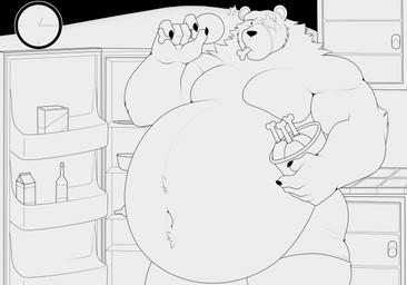 anthro appliance belly big_belly bone_in_mouth bottle box chicken_meat container eating eating_food eye_scar facial_scar food fridge kitchen kitchen_appliance looking_at_viewer male meat moobs musclegut muscular muscular_anthro muscular_male navel open_fridge overweight overweight_anthro overweight_male pecs scar solo standing surprised hidi mihoyo zenless_zone_zero ben_bigger bear mammal absurd_res black_and_white hi_res monochrome