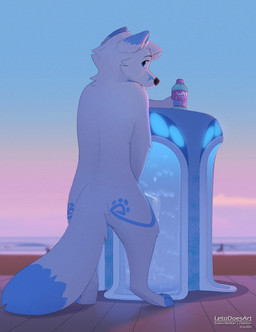 3_toes anthro bathroom beach biped blue_eyes blue_tail bodily_fluids bottle claws container countershade_toes countershading detailed_background eyebrows feet fingers fur genital_fluids looking_back male male_peeing markings multicolored_body multicolored_tail nude outdoor_nudity paws peeing public public_nudity public_restroom public_urination pupils rear_view sea solo standing tail toe_claws toeless_(marking) toes urinal urine water water_bottle white_body white_fur white_tail letodoesart leto_(letodoesart) canid canine fox mammal 2025 hi_res