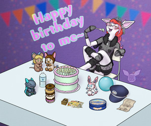 2_horns anthro armwear biped birthday birthday_cake birthday_candle birthday_gift birthday_party black_clothing black_hooves black_topwear blonde_hair blue_body blue_cloak blue_clothing blue_eyes blue_scarf bottle bottomwear breasts brown_body brown_hair brown_tail cake candy card chair chocolate chocolate_doughnut cloak clothed clothed_anthro clothed_female clothing cloven_hooves container cookie crown cutlery dessert doughnut eating eating_food eyewear female fishnet_armwear fishnet_clothing food food_container fork front_view fur furniture glasses green_bottomwear green_clothing green_pants grey_body grey_spikes grey_tail hair happy hat head_horn head_spikes headgear headwear heart_symbol hooves horn kitchen_utensils logo long_hair major_arcana multicolored_body multicolored_bow multicolored_hair on_chair open_mouth pants paper pastry pink_body pink_bow pink_ears pink_frosted_sprinkled_doughnut pink_hair pink_inner_ear pink_tongue plushie pointy_ears qr_code quadruped red_hair ribbons rodent_tail scarf sitting sitting_on_chair skimpy smile solo spikes spikes_(anatomy) table tail tarot tarot_card text the_empress_(tarot) the_fool_(tarot) the_world_(tarot) tiara tongue tools topwear two_tone_bow two_tone_hair water_bottle white_body white_bow white_ears white_fur albinoraynedeer delve_into_pawssion nintendo pokemon royal_dansk meph_the_cat rayne_blanc side_b substitute_doll avian bird deer domestic_cat eeveelution felid feline felis generation_1_pokemon generation_3_pokemon generation_6_pokemon kobold mammal new_world_deer pelipper pokemon_(species) rodent scalie sylveon vaporeon white-tailed_deer 2025 absurd_res digital_media_(artwork) english_text hi_res signature