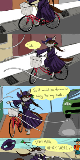 annoyed anthro bicycle blue_rose bottomwear bracelet brown_body brown_fur brown_hair building car claws clothing door electronics flower fur green_claws green_eyes green_nose grey_body grey_fur hair hat headgear headphones headwear holding_object jewelry necklace plant ponytail purple_clothing riding_bike road rose_(flower) sitting skirt smile solo tail text vehicle walking wind ratteu ratteu_(character) canid canine canis human mammal wolf absurd_res comic digital_media_(artwork) english_text hi_res nonbinary_(lore)