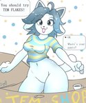 anthro blue_hair bottomless breasts clothed clothing dialogue featureless_crotch female fur glistening glistening_body glistening_skin hair solo text white_body white_fur leonkatlovre undertale undertale_(series) temmie_(undertale) mammal tem 5:6 english_text hi_res