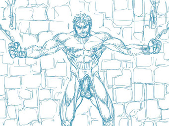 bodily_fluids bound captured chain dungeon erection eyes_closed genital_piercing genitals human_only humanoid_genitalia humanoid_penis male muscular muscular_male nipple_piercing nipples not_furry penis penis_piercing piercing pubes solo sweat cidius human mammal 4:3 monochrome