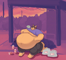 anthro belly belly_jiggle belly_rub big_belly brown_hair burp_cloud burping chubby_cheeks clothed clothing detailed_background double_chin fur hair half-closed_eyes hand_on_belly hand_on_moob huge_belly jiggling male moobs narrowed_eyes navel nipples obese obese_anthro obese_male open_mouth open_smile outside overweight overweight_anthro overweight_male plastic_bag raised_clothing raised_shirt raised_topwear shirt sitting smile solo sound_effects text thick_thighs topwear yellow_body yellow_fur infinitynebula canid canine fox mammal hi_res