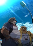 amber_eyes anthro belly big_belly biped bottomwear brown_body brown_fur bulge camera clothing cloud duo eyewear fur glasses male male_anthro outside overweight overweight_anthro overweight_male pants pince-nez shirt sky sun topwear dosanco15 morenatsu juuichi_mikazuki kounosuke_(morenatsu) bear canid canine mammal raccoon_dog tanuki 2024 hi_res