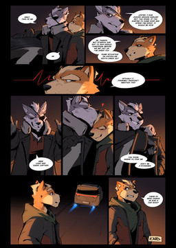 anthro black_clothing black_gloves black_handwear black_jacket black_topwear clothing dialogue flying_object fur gloves green_clothing green_hoodie green_topwear grey_body grey_fur handwear hoodie jacket kiss_on_forehead kissing male male/male night orange_body orange_fur smile spacecraft speech_bubble standing text topwear vehicle mashtateos nintendo star_fox fox_mccloud wolf_o'donnell canid canine canis fox mammal wolf absurd_res comic end_page english_text hi_res