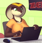 4_fingers >:| annoyed anthro breasts clothed clothing collarbone computer computer_mouse copyright_symbol electronics female female_symbol fingers front_view frown gender_symbol green_eyes inside internet laptop non-mammal_breasts orange_clothing orange_shirt orange_t-shirt orange_topwear poster shirt snake_hood solo symbol t-shirt tape topwear worried spotty_the_cheetah 4chan shandi cobra reptile scalie snake 2009 digital_media_(artwork) signature