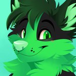 1:1 2021 anthro biped black_body black_ears black_fur black_hair canid canine cheek_tuft chest_tuft ear_tuft facial_tuft feve fur green_body green_eyes green_fur green_inner_ear green_nose hair headshot_portrait icon inner_ear_fluff looking_at_viewer male mammal multicolored_body multicolored_fur neck_tuft portrait scar simple_background smile solo teal_background tuft two_tone_body two_tone_fur