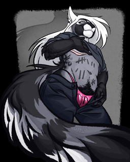 after_sex andromorph anthro belly bodily_fluids body_writing bottomwear clitoris clothed clothing clothing_lift clothing_pull cum cum_inside denim denim_bottomwear denim_clothing facial_hair facial_markings fluffy fluffy_tail fur genital_fluids genitals grey_body grey_fur grey_sclera hair head_markings intersex jeans long_hair looking_at_viewer looking_down low-angle_view markings mask_(marking) mastectomy_scar navel open_bottomwear open_clothing open_pants pants pink_clothing pink_thong pink_underwear presenting pubes public_use pupils scar shadow simple_background smile smiling_at_viewer solo spots stripes tail tally_marks thong touching_own_breast underwear vulva wet wet_clothing wet_underwear white_hair white_pupils ch40t1c zero_(ch40t1c) genet hybrid long-tailed_weasel mammal mustelid musteline true_musteline viverrid weasel digital_media_(artwork) hi_res shaded