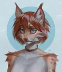 anthro black_collar blue_eyes brown_hair brown_markings brown_spots collar collar_only ear_tuft eyelashes female front_view fur glistening glistening_eyes hair markings mouth_closed nude orange_body orange_fur simple_background solo spots spotted_body spotted_fur tuft white_body white_fur marie_merkh kordi felid mammal absurd_res artist_name bust_portrait hi_res portrait