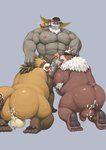 anthro anthro_on_anthro balls beard biceps big_butt blush bodily_fluids brown_body brown_fur butt cum cum_on_butt erection facial_hair fellatio fur genital_fluids genitals group horn kemono licking male male/male muscular muscular_anthro muscular_male nipples oral overweight overweight_anthro overweight_male pecs penile penis penis_lick scar sex tongue tongue_out barontoko lifewonders tokyo_afterschool_summoners ahab_(tas) gyobu_(tas) kimun_kamui_(tas) bear bovid bovine canid canine mammal raccoon_dog tanuki true_buffalo water_buffalo 2020 hi_res