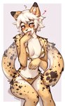 anthro bikini breasts clothed clothing female finger_in_mouth fluffy fluffy_tail front_view gold_bikini hair sitting skimpy solo swimwear tail tongue tongue_out two-piece_swimsuit white_hair spuydjeks golden_week aurora_(spacecamper) cheetah felid feline mammal 2024 hi_res