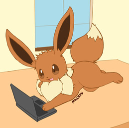 ambiguous_gender bed brown_body brown_eyes brown_fur computer dipstick_tail electronics feral fluffy fluffy_tail fur furniture laptop lying lying_on_bed markings multicolored_tail on_bed smile solo tail tail_markings white_body white_fur mklxiv nintendo pokemon eevee generation_1_pokemon pokemon_(species) absurd_res hi_res signature