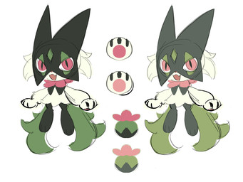 ambiguous_gender anthro chibi claws fangs fur green_body green_fur green_hair hair open_mouth pawpads paws pink_eyes simple_background solo teeth lanjiujiu nintendo pokemon felid feline generation_9_pokemon mammal meowscarada pokemon_(species) 2025 4:3 absurd_res hi_res model_sheet