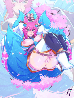 animal_ears animal_tail anus areola big_breasts bite biting_lip biting_own_lip blue_body blue_eyes blue_fur blush bound breasts clothed clothing eyelashes female front_view fur genitals hair hands_tied inner_ear_fluff looking_at_viewer multi_tail nipples no_underwear pink_areola pink_body pink_fur pink_hair pink_nipples self_bite solo tail tan_body tan_skin thick_thighs tuft vulva wide_hips frostedink league_of_legends riot_games tencent ahri_(lol) animal_humanoid canid canid_humanoid canine canine_humanoid fox_humanoid humanoid mammal mammal_humanoid hi_res